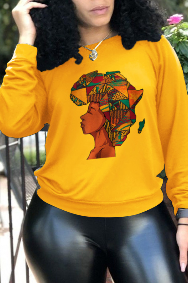 Yellow Street Daily Print Patchwork O Neck Tops