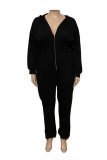 Black Fashion Casual Print Split Joint Zipper Hooded Collar Plus Size Jumpsuits