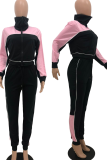 Pink Casual Solid Patchwork Zipper Collar Long Sleeve Two Pieces