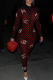Red Sexy Print Patchwork Zipper Collar Skinny Jumpsuits