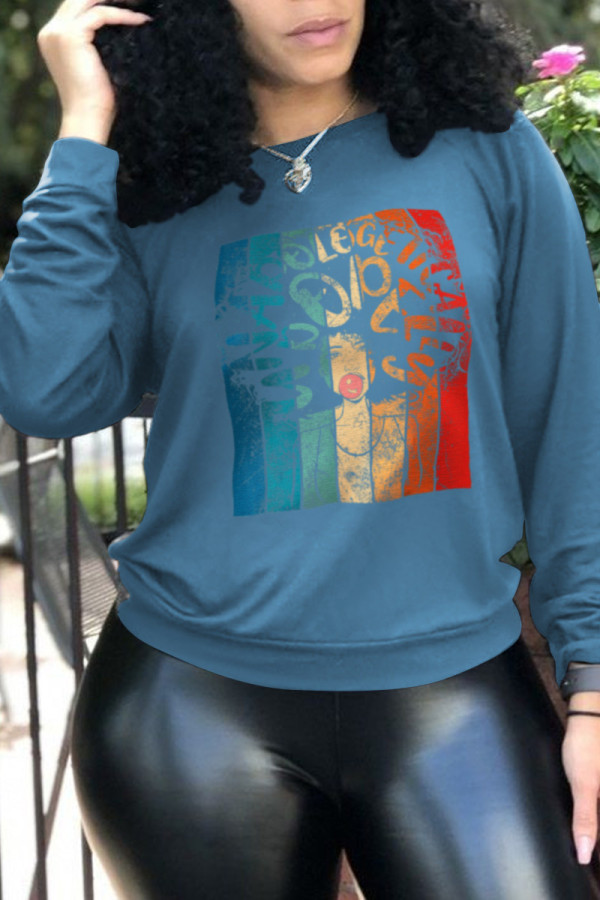 Blue Casual Print Patchwork O Neck Tops