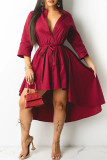 Ink Green Solid Patchwork Buckle Asymmetrical Turndown Collar Shirt Dress Dresses(Contain The Belt)