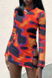 Multicolor Sexy Print Hollowed Out Patchwork O Neck One Step Skirt Dresses