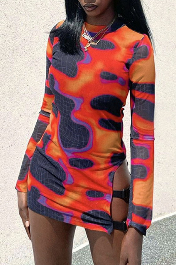 Multicolor Sexy Print Hollowed Out Patchwork O Neck One Step Skirt Dresses