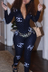 Blue Sexy Print Patchwork Zipper Collar Skinny Jumpsuits