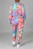Pink Casual Patchwork Tie-dye O Neck Long Sleeve Two Pieces