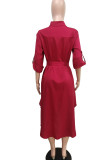 Ink Green Solid Patchwork Buckle Asymmetrical Turndown Collar Shirt Dress Dresses(Contain The Belt)