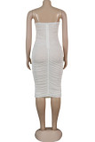 White Sexy Spaghetti Strap Sleeveless One word collar A-Line Knee-Length Patchwork Mesh perspect