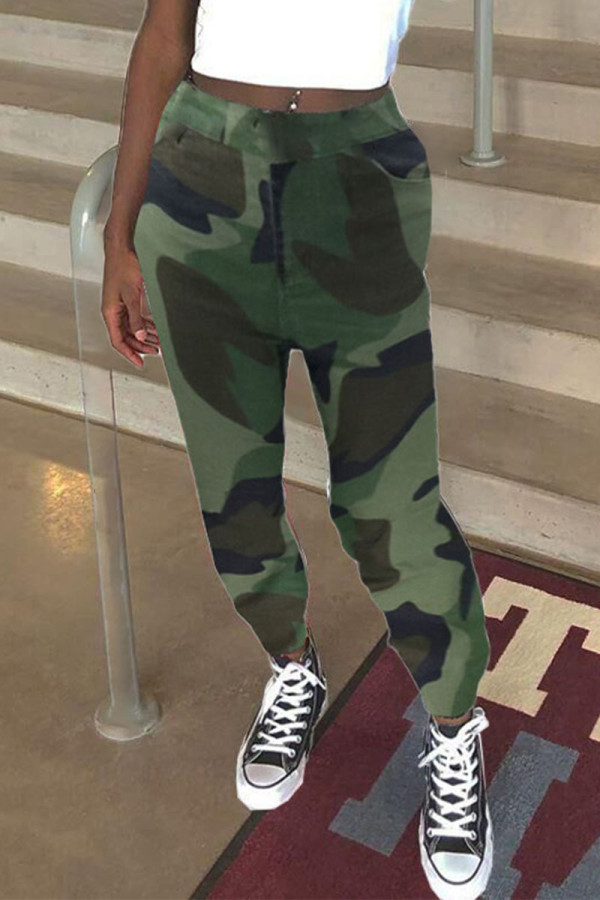 Green Street Print Camouflage Print Patchwork Regular Pencil Full Print Bottoms