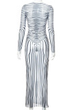 Black White Sexy Striped Print Patchwork See-through O Neck One Step Skirt Dresses