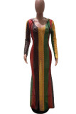 Colour Sexy Striped Print Hollowed Out Patchwork Hooded Collar Long Sleeve Dresses