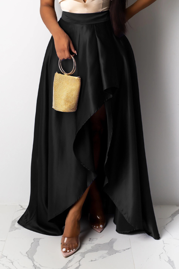 Black Sexy Solid Slit Regular Mid Waist Type A Solid Color Bottoms