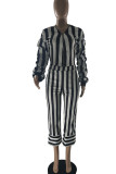 Black White Casual Striped Print Patchwork Zipper V Neck Long Sleeve Two Pieces