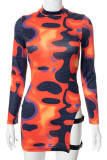 Multicolor Sexy Print Hollowed Out Patchwork O Neck One Step Skirt Dresses