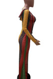 Colour Sexy Striped Print Hollowed Out Patchwork Hooded Collar Long Sleeve Dresses