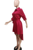 Ink Green Solid Patchwork Buckle Asymmetrical Turndown Collar Shirt Dress Dresses(Contain The Belt)