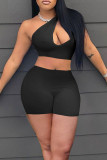 Black Sexy Solid Hollowed Out Patchwork Oblique Collar Sleeveless Two Pieces