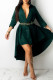 Ink Green Solid Patchwork Buckle Asymmetrical Turndown Collar Shirt Dress Dresses(Contain The Belt)