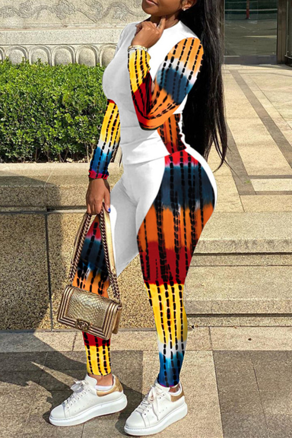 White Fashion Casual Print Patchwork O Neck Long Sleeve Two Pieces