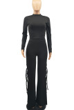 Black Casual Solid Patchwork Frenulum Slit O Neck Long Sleeve Two Pieces