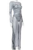 Black White Sexy Striped Print Patchwork See-through O Neck One Step Skirt Dresses