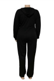 Black Fashion Casual Print Split Joint Zipper Hooded Collar Plus Size Jumpsuits