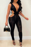 Black Sexy Print Hollowed Out See-through Backless V Neck Skinny Jumpsuits