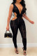 Black Sexy Print Hollowed Out See-through Backless V Neck Skinny Jumpsuits