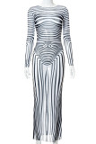 Black White Sexy Striped Print Patchwork See-through O Neck One Step Skirt Dresses