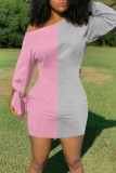 Pink Gray Casual Solid Split Joint Off the Shoulder Long Sleeve Dresses