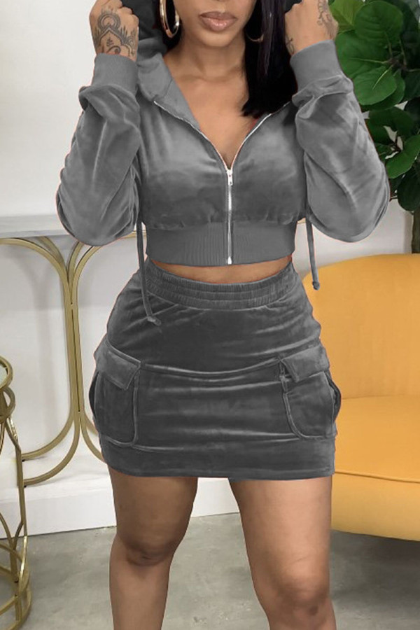 Grey Casual Solid Patchwork Pocket Zipper Hooded Collar Three Quarter Two Pieces
