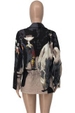 Black Fashion Casual Print Cardigan Turn-back Collar Outerwear