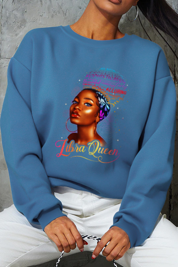 Blue Sportswear Daily Print Patchwork O Neck Tops