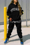 Black Fashion Casual Letter Print Basic Hooded Collar Long Sleeve Two Pieces