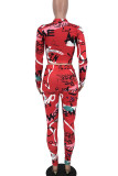 Red Casual Print Patchwork O Neck Long Sleeve Two Pieces