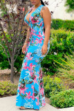 Turquoise Sexy Print Patchwork V Neck Vest Dress Dresses