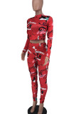 Red Casual Print Patchwork O Neck Long Sleeve Two Pieces