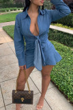 Blue Sexy Solid Bandage Patchwork Buckle Turndown Collar Tops