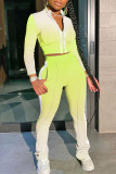 Green Casual Gradual Change Striped Print Patchwork Zipper Collar Long Sleeve Two Pieces