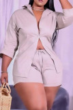 Pink Fashion Casual Solid Cardigan Turndown Collar Three Quarter Two Pieces