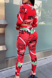 Red Casual Print Patchwork O Neck Long Sleeve Two Pieces