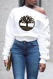 White Chemical fiber blend One Shoulder Collar Long Sleeve Print 