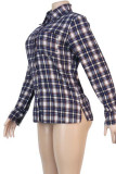 Navy Blue Casual Plaid Print Patchwork Buckle Turndown Collar T-Shirts