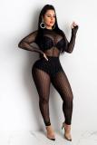 Black Fashion Sexy perspective Mesh Network Long Sleeve O Neck Jumpsuits