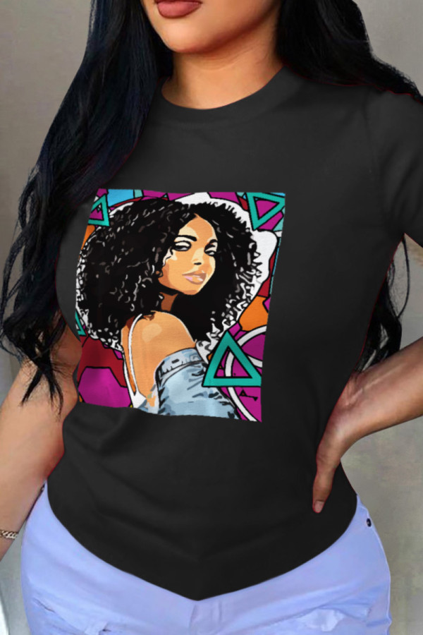 Black Fashion Print Patchwork O Neck T-Shirts