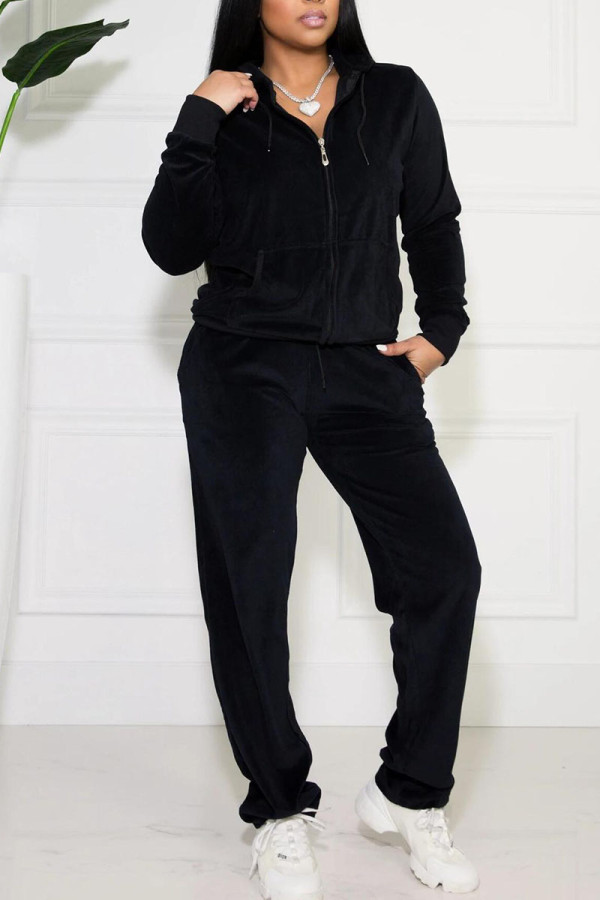 Black Casual Sportswear Solid Patchwork Zipper Hooded Collar Long Sleeve Two Pieces