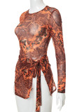 Yellow Brown Sexy Print Patchwork See-through Asymmetrical O Neck Long Sleeve Two Pieces