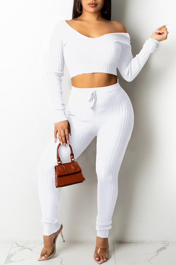 White Casual Solid Patchwork V Neck Long Sleeve Two Pieces