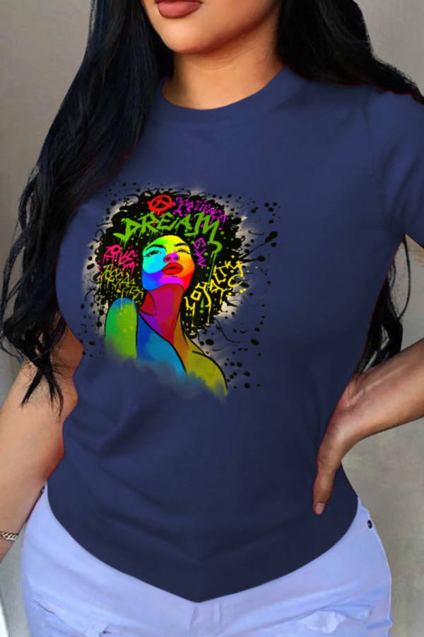 Navy Blue Fashion Print Patchwork O Neck T-Shirts