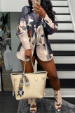Black Fashion Casual Print Cardigan Turn-back Collar Outerwear